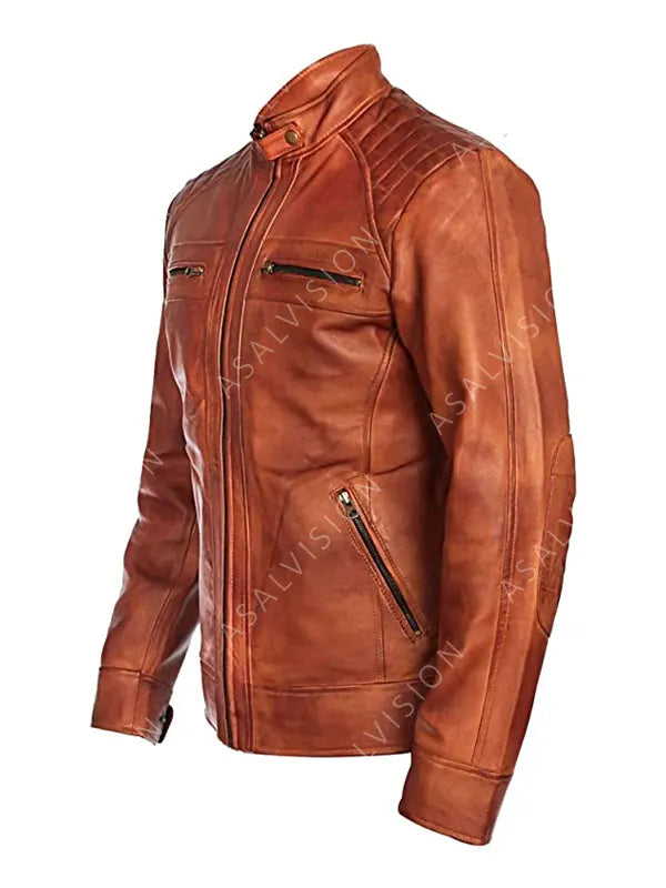 Lennox Quilted Brown Leather Fashion Biker Jacket Mens