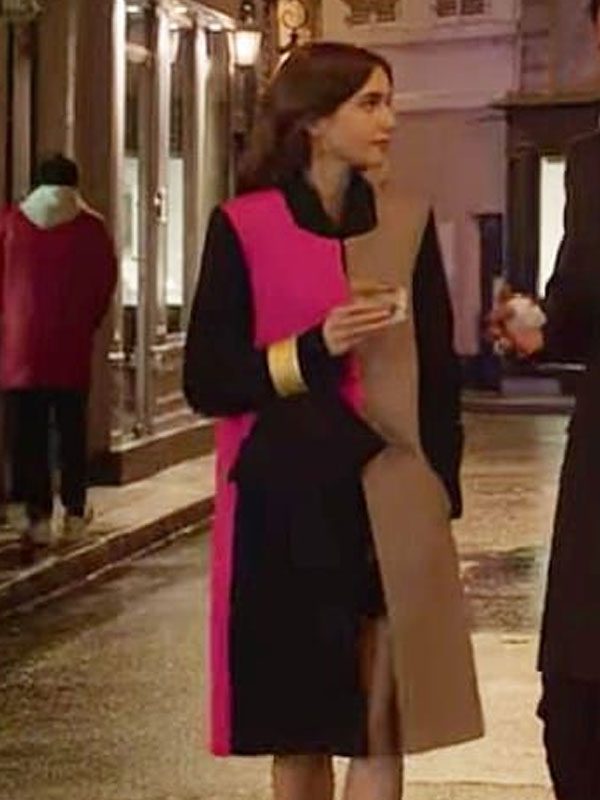 Lily Collins Emily in Paris Color Block Trench Coat
