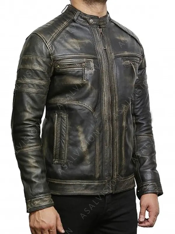 Men Distressed Black Cafe Racer Leather Jacket