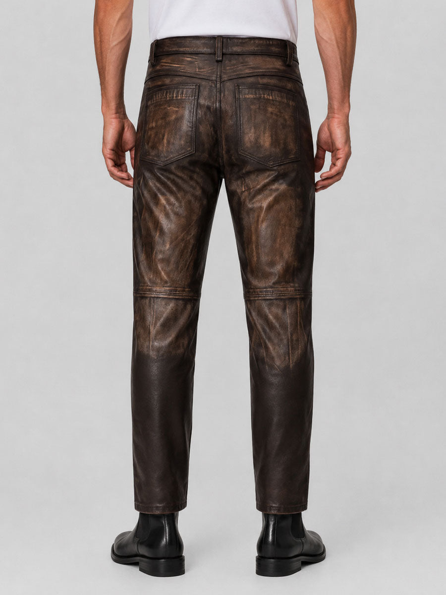 Strathmore Distressed Dark Brown Leather Jeans