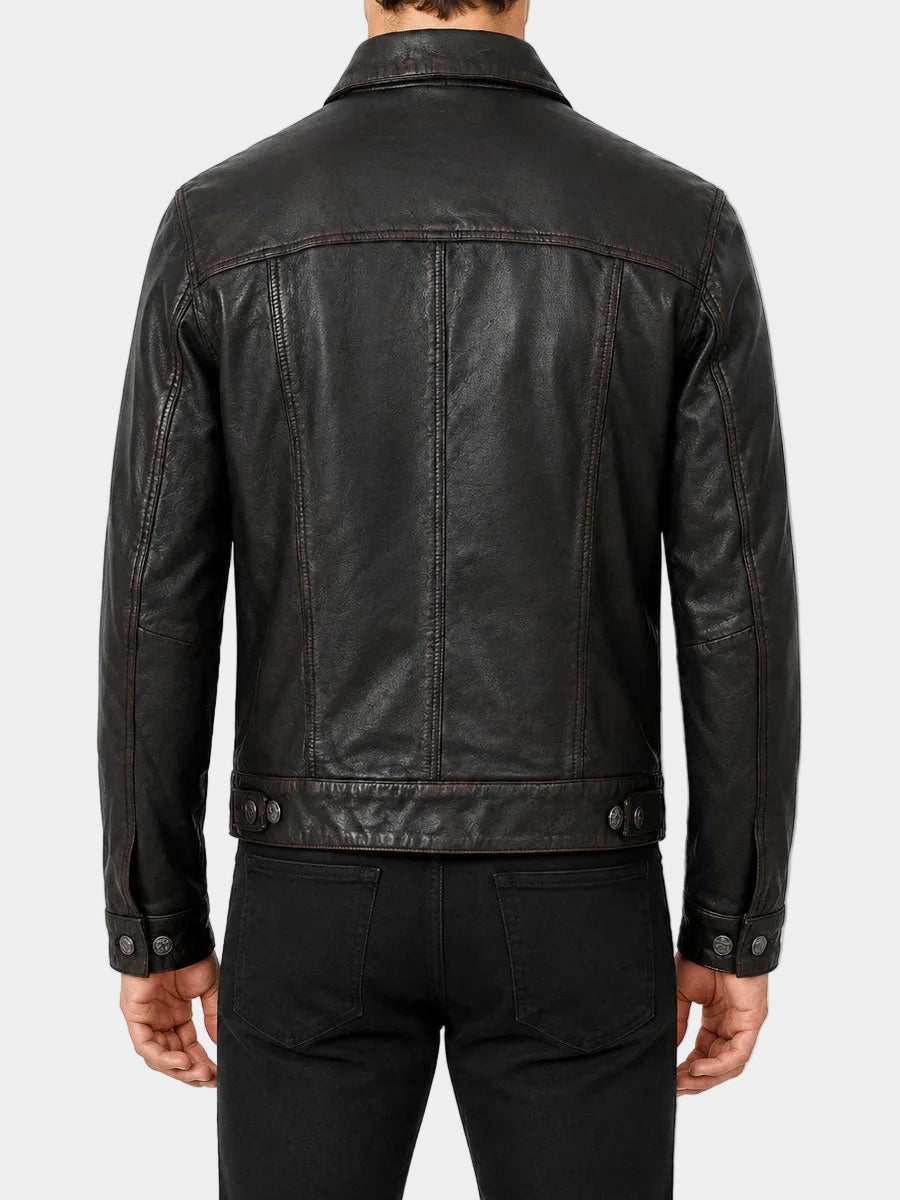 Yardley Black Distressed Trucker Leather Jacket