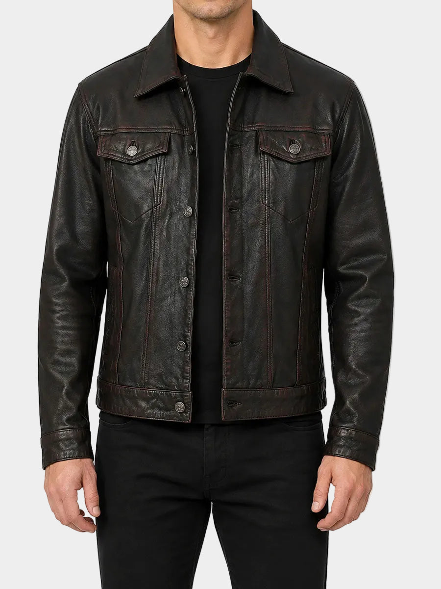 Yardley Black Distressed Trucker Leather Jacket
