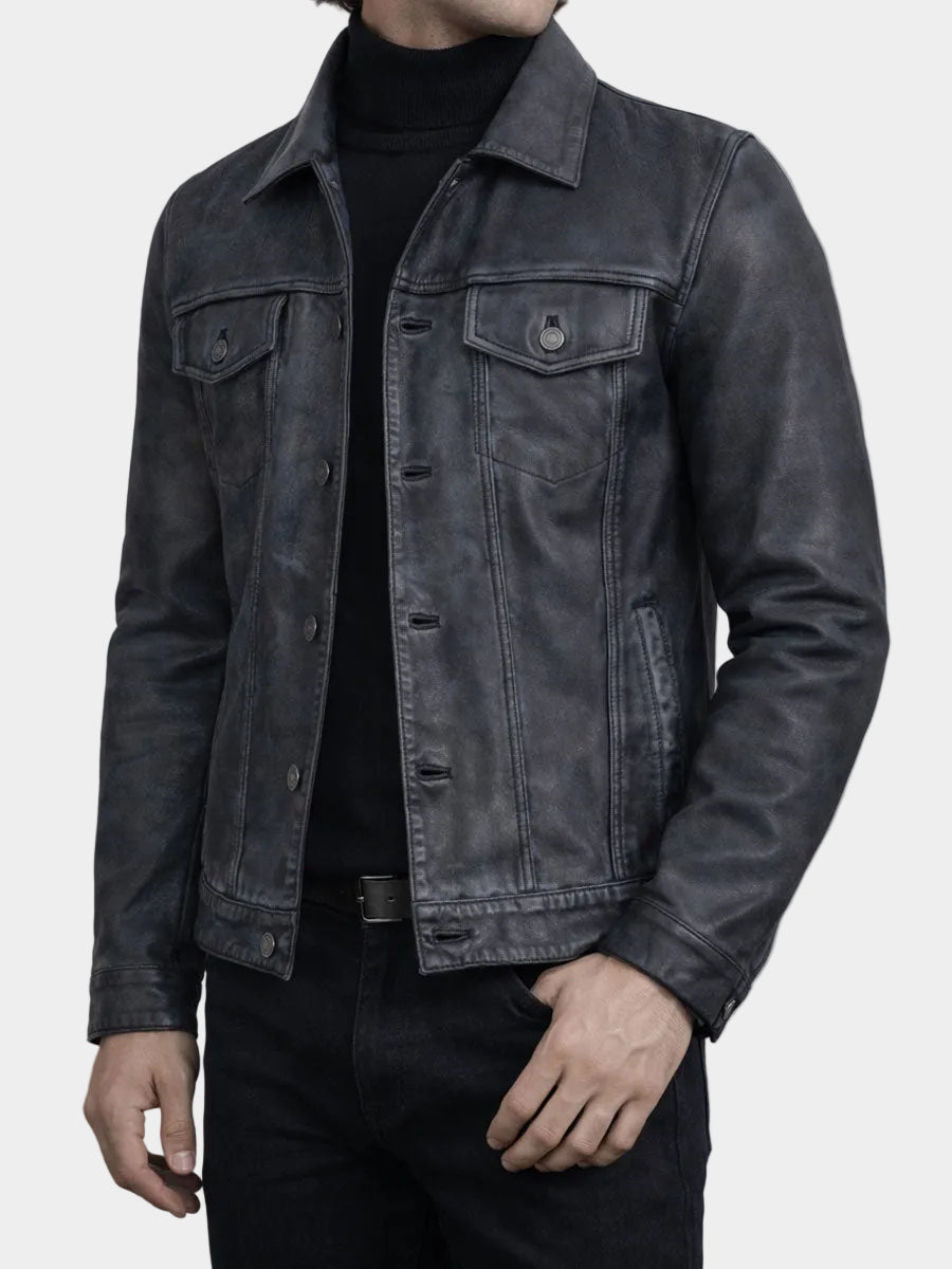 Ravenport Black Washed Leather Trucker Jacket