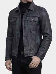 Ravenport Black Washed Leather Trucker Jacket