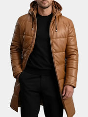 Men's Long Tan Puffer Leather Coat