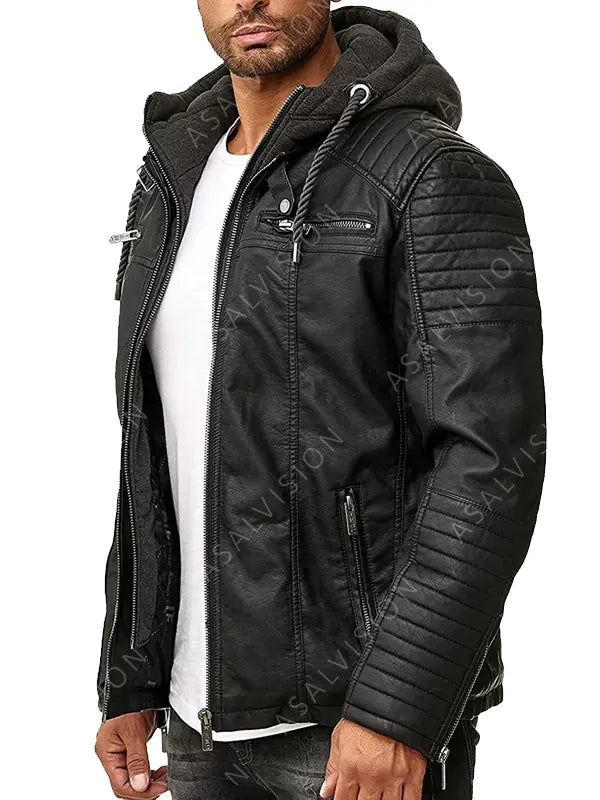 Mens Gillian Hooded Black Biker Padded Leather Jacket