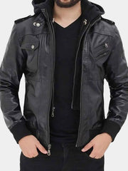 Mens Black Bomber Hooded Fashion Leather Jacket