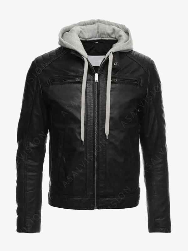 Mens Black Removable Hood Cafe Racer Leather Jacket