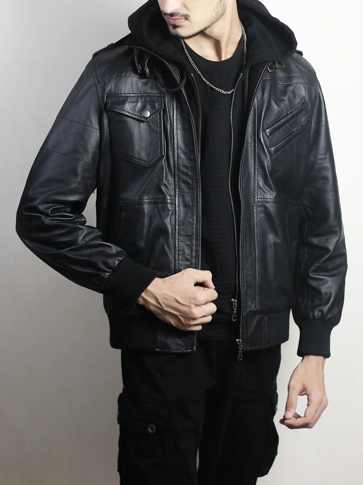 Men's Black Leather Hooded Bomber Jacket