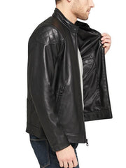 Simple Black Motorcycle Leather Jacket For Men's