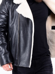 Men's White Faux Fur Black Leather Jacket