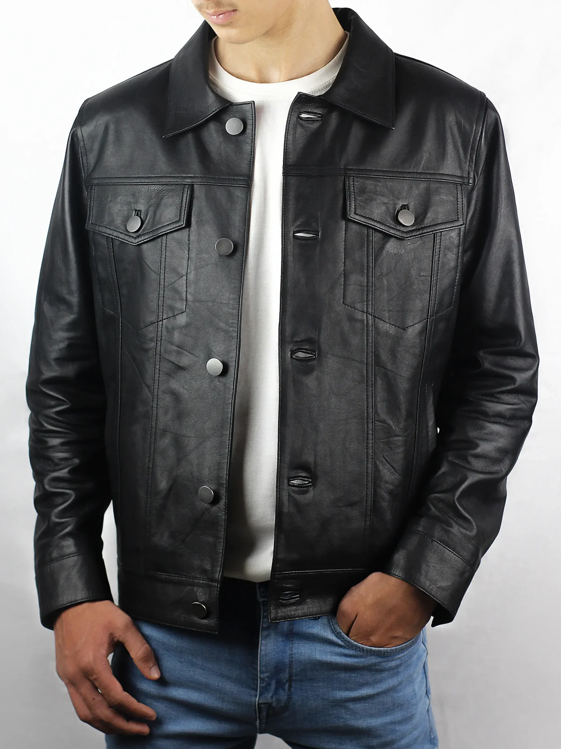 Valtor Men's Black Trucker Lambskin Leather Jacket