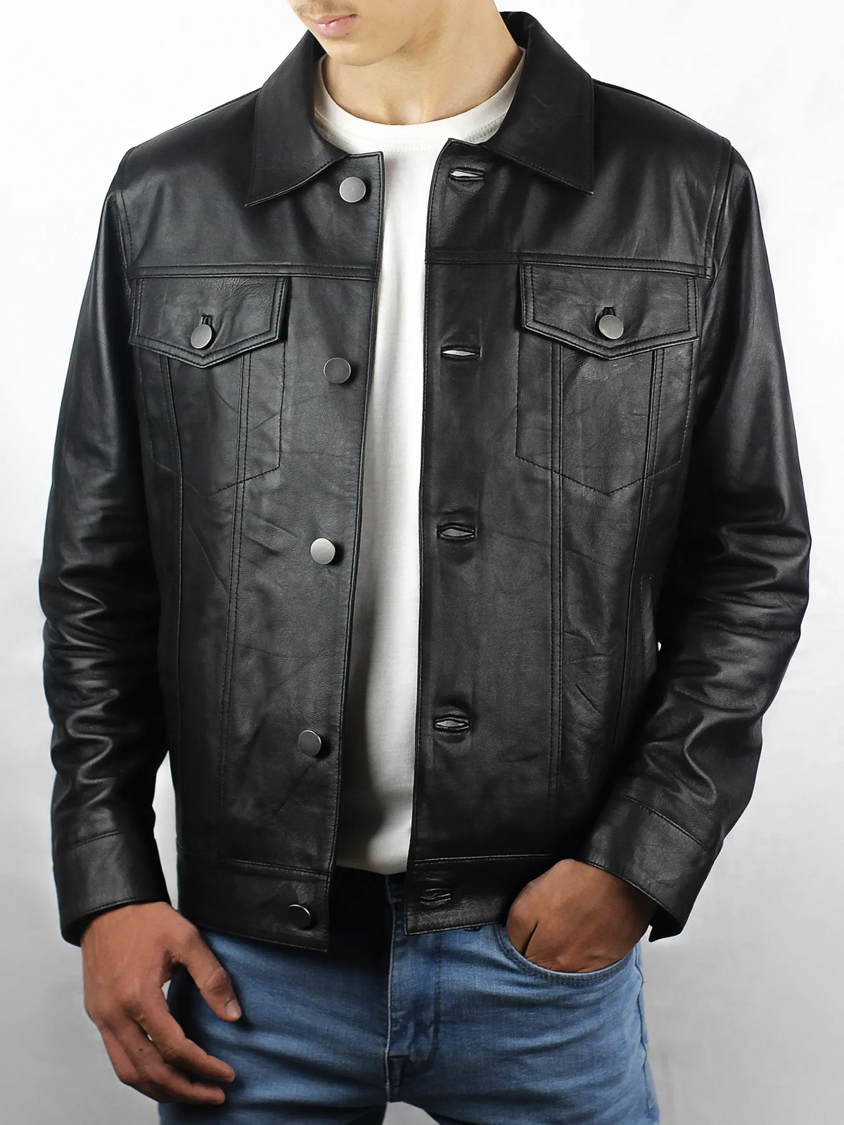 Valtor Men's Black Trucker Lambskin Leather Jacket