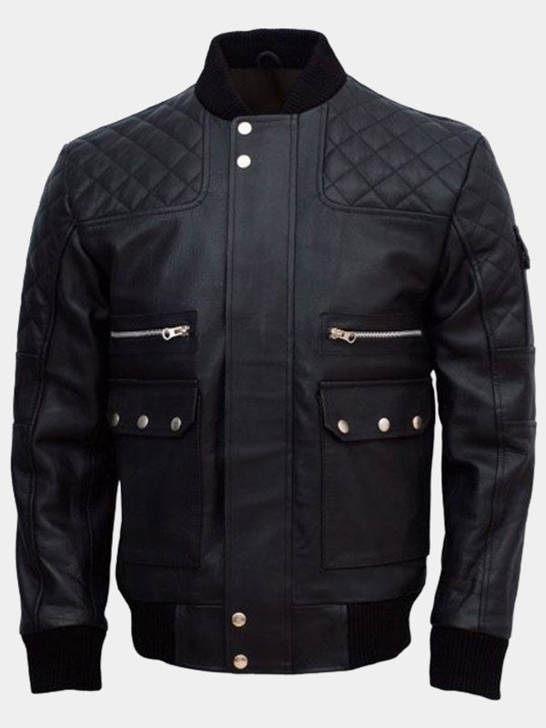 Men's Black Work Wear Leather Bomber Jacket