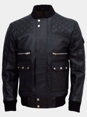 Men's Black Work Wear Leather Bomber Jacket