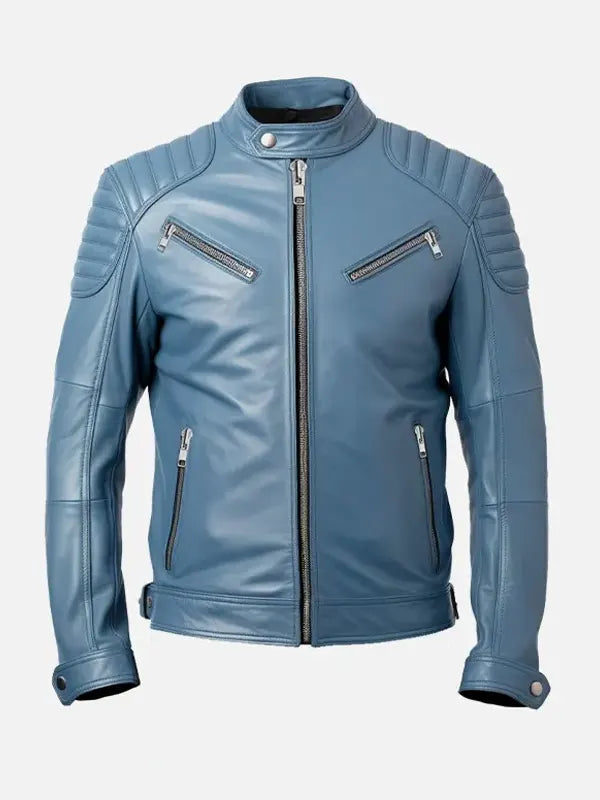 Valdrick Blue Leather Racer Jacket