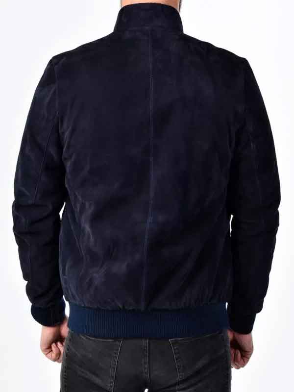 Mens Blue Suede Leather Bomber Stand Collar Jacket