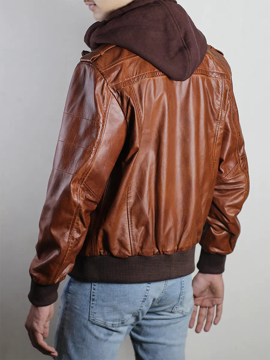 Men's Brown Leather Hooded Jacket