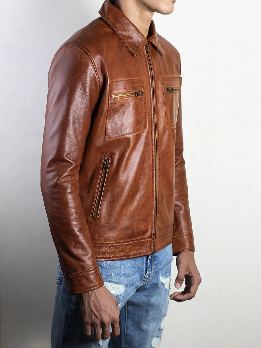 IronHaven Men's Cognac Brown Rugged Lambskin Leather Jacket