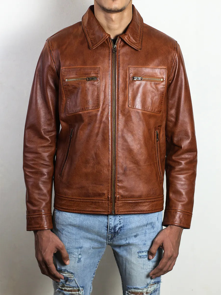 IronHaven Men's Cognac Brown Rugged Lambskin Leather Jacket
