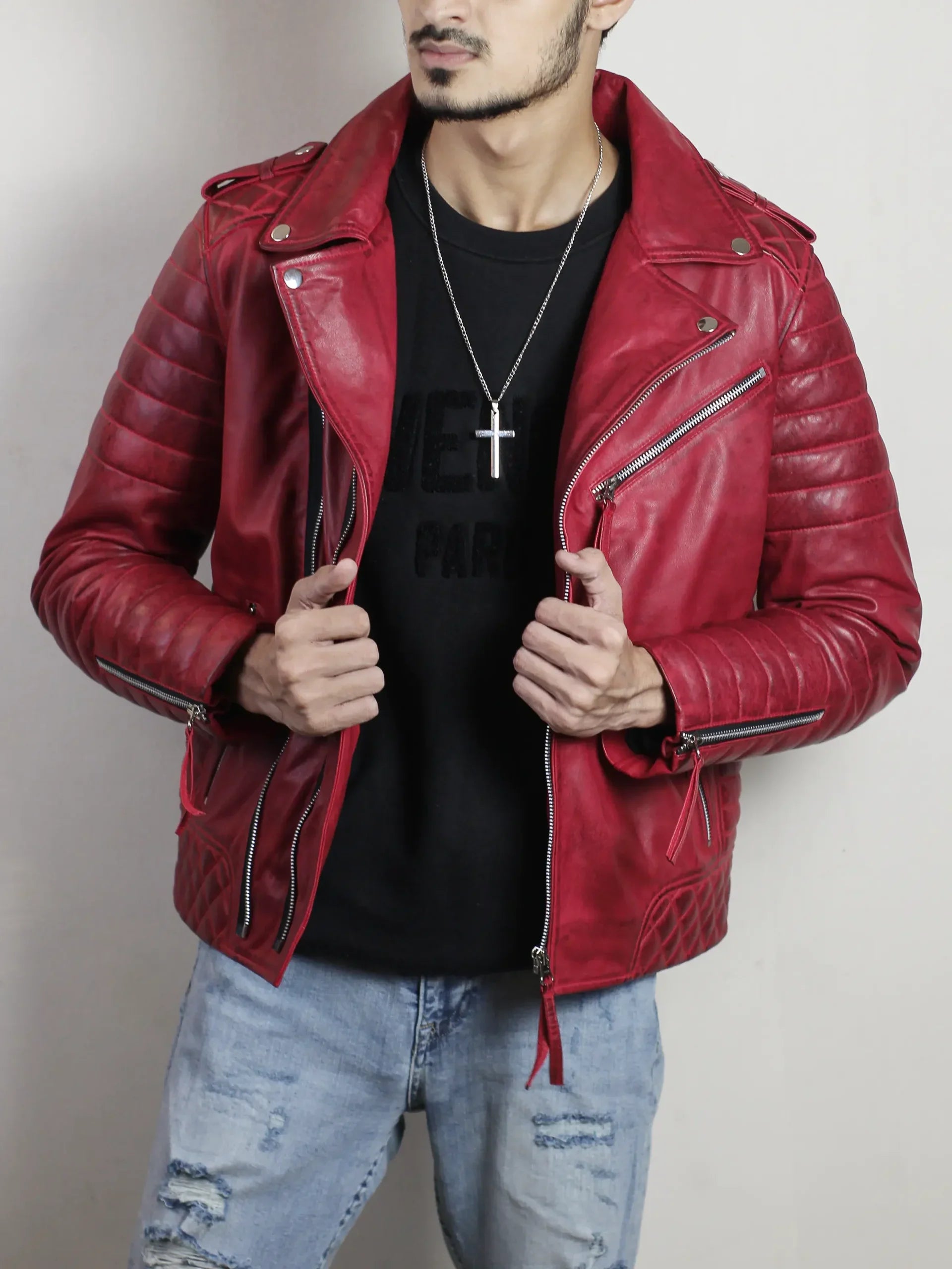 Zerick Dark Red Biker Leather Jacket