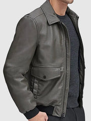 Mens Grey Bomber Leather Jacket