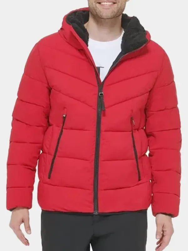Men's Puffer Red Hooded Jacket