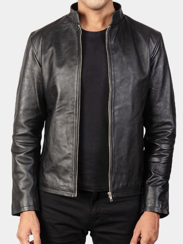 Men's Black Stand Collar Leather Jacket