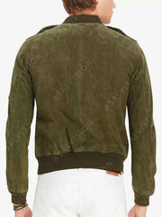 Mens Slim-Fit Olive Green Suede Bomber Jacket