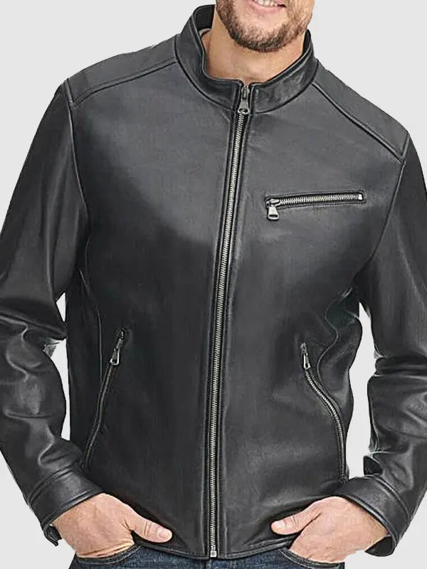 Men's Black Leather Stand Up Collar Jacket