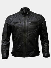 Mens Quilted Shoulders Cafe Racer Leather Jacket