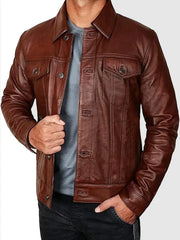 Mens Vintage Brown Leather Trucker Jacket