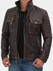 Mens Brown Cafe Racer Distressed Leather Jacket