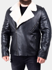 Men's White Faux Fur Black Leather Jacket