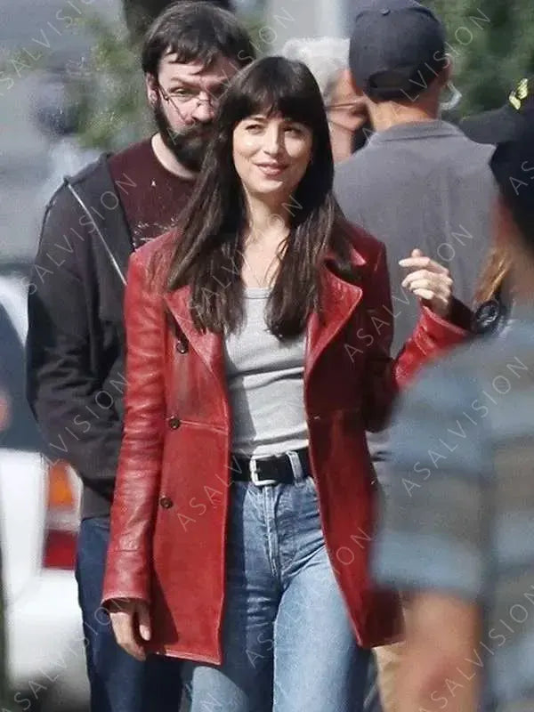 Dakota Johnson Madame Web 2024 Red Leather Coat