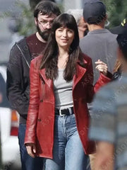 Dakota Johnson Madame Web 2024 Red Leather Coat