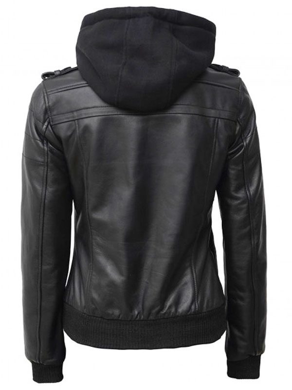 Olivia Black Real Leather Jacket With Hood