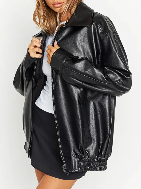 Women's Black Oversized Leather Jacket