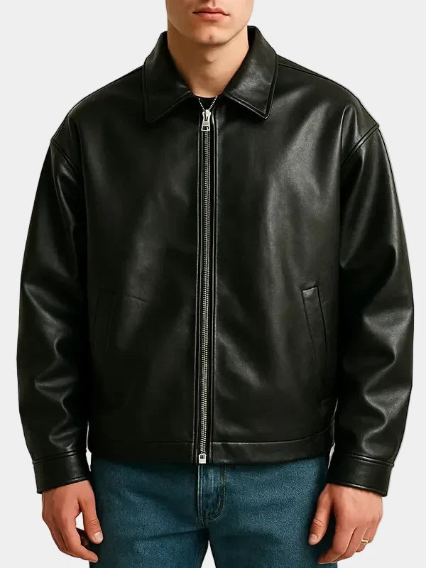 Oversized Black Zipper Leather Jacket For Men