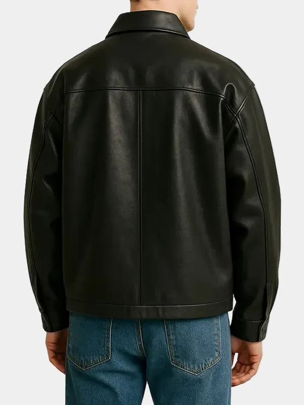 Oversized Black Zipper Leather Jacket For Men