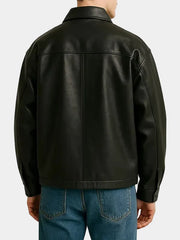 Oversized Black Zipper Leather Jacket For Men