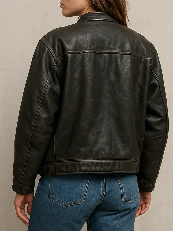 Women's Oversized Cafe Racer Distressed Leather Jacket