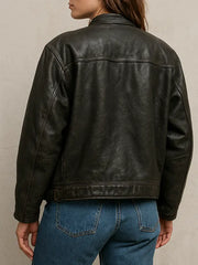 Women's Oversized Cafe Racer Distressed Leather Jacket