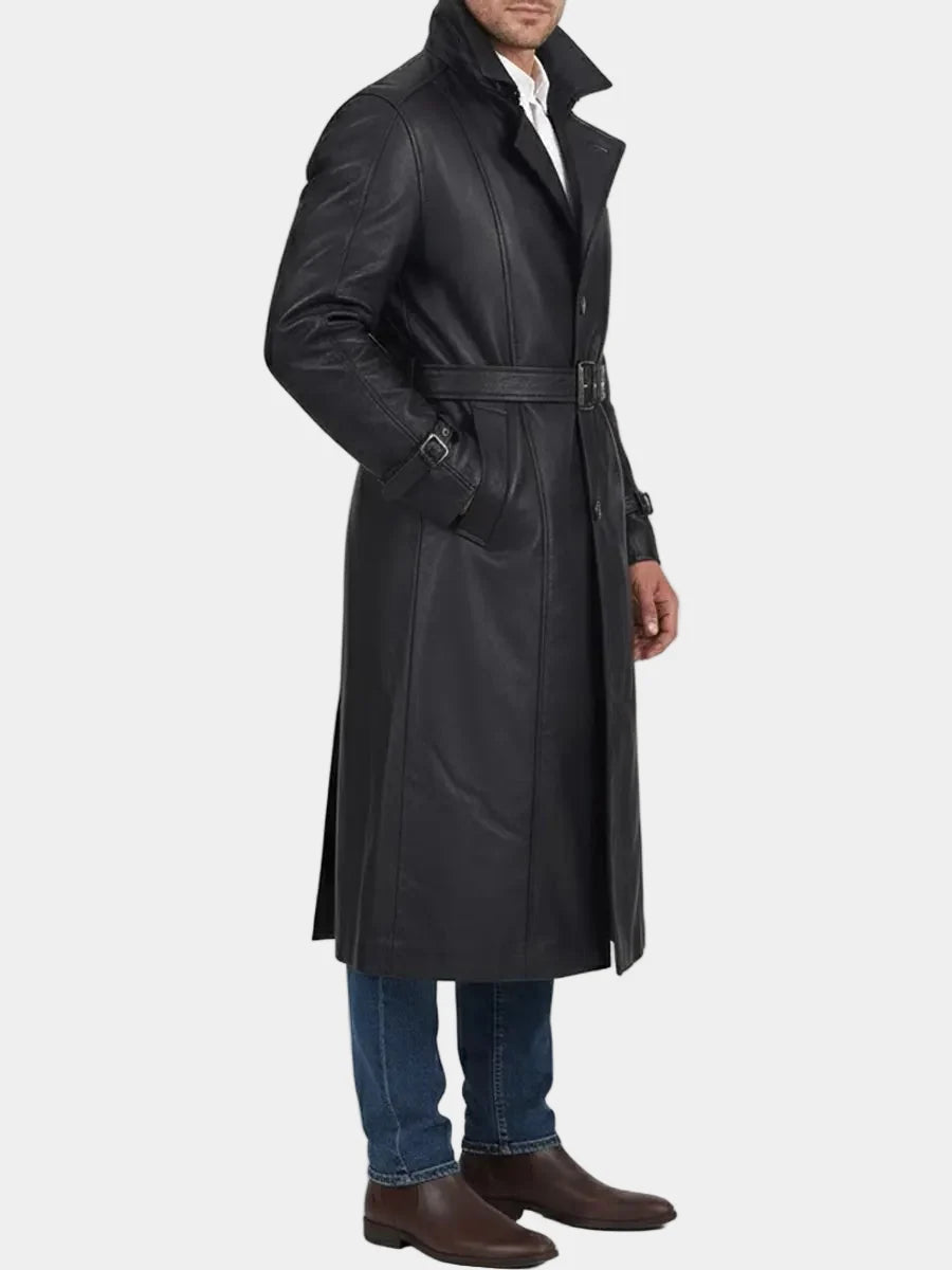 Men's Black Cow Leather Belted Trench Coat