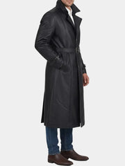 Men's Black Cow Leather Belted Trench Coat