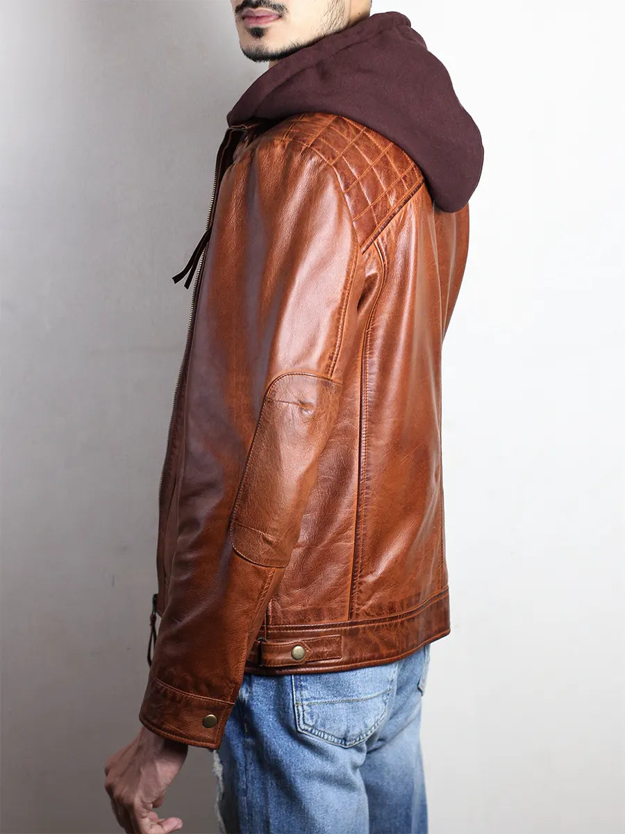 Men's Brown Diamond Classic Leather Jacket With Hood