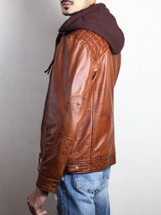 Men's Brown Diamond Classic Leather Jacket With Hood