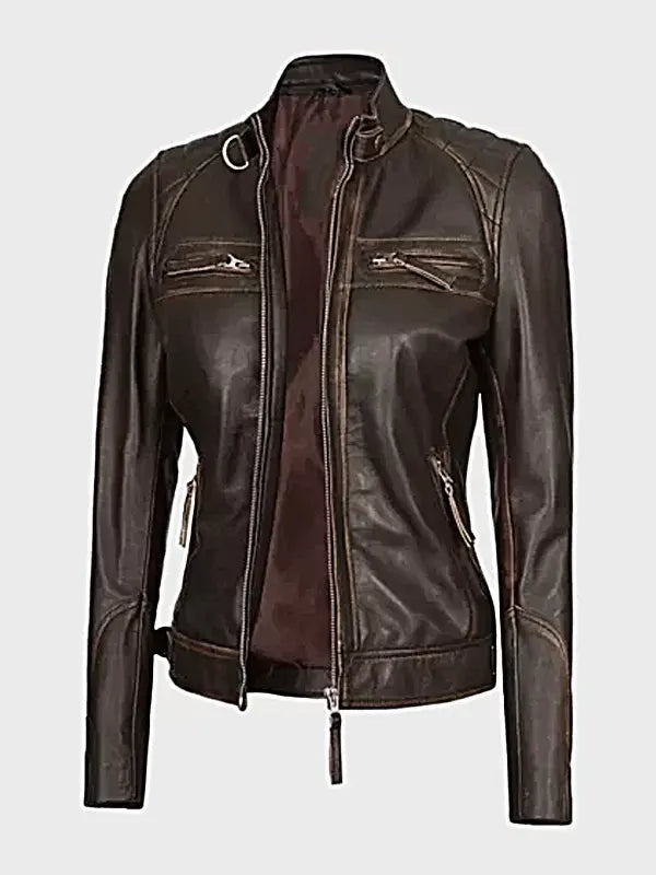 Womens Quilted Shoulder Leather Biker Jacket