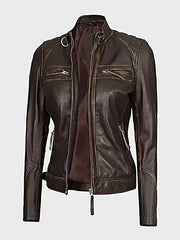 Womens Quilted Shoulder Leather Biker Jacket