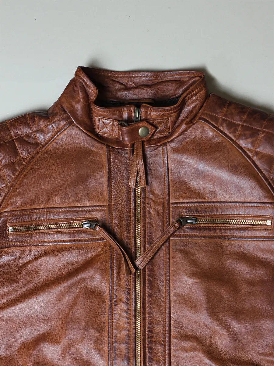 Men's Brown Diamond Classic Leather Jacket With Hood